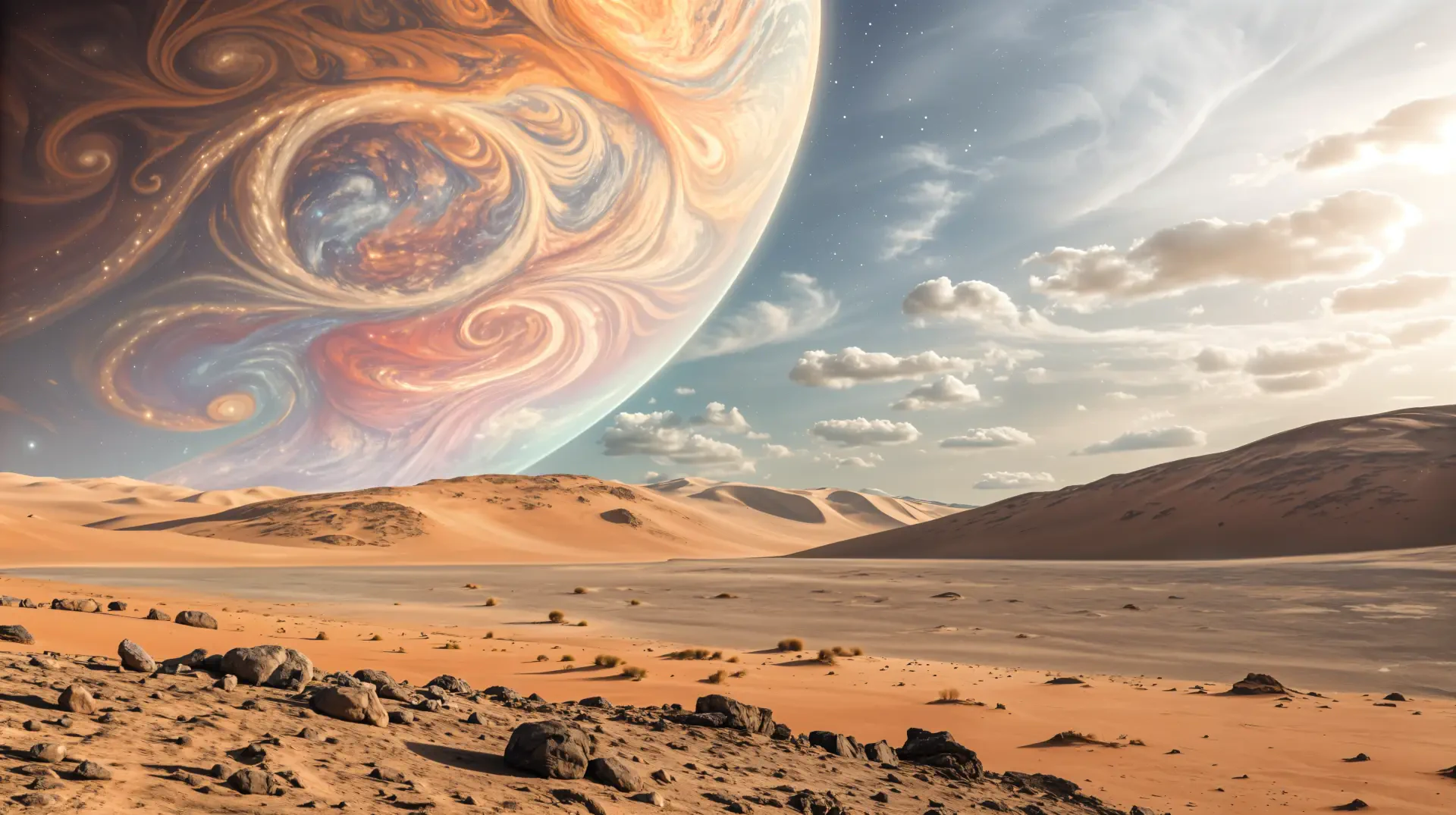 A stunning desert planet scene featuring vast sandy dunes under a dramatic sky, with a large, colorful planetary body looming above, captured in vibrant 4K Ultra HD.