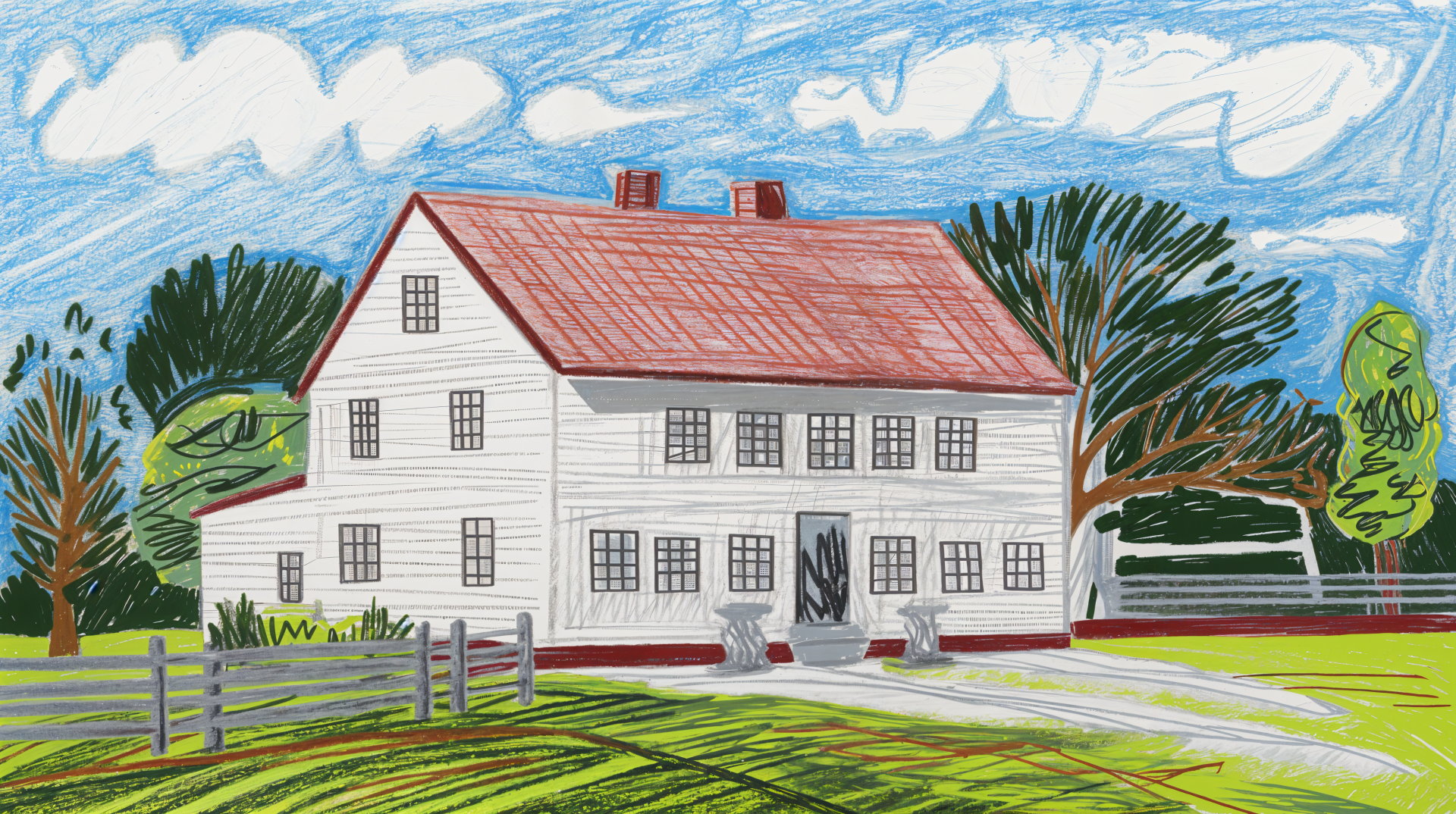 A vibrant illustration of a farmhouse, featuring a white exterior and red roof, set against a blue sky with fluffy clouds and green surroundings, designed as a 4K Ultra HD desktop wallpaper.