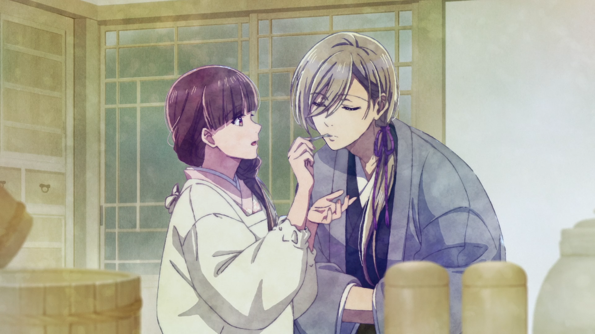 Anime HD desktop wallpaper featuring Miyo Saimori and Kiyoka Kudou from My Happy Marriage in a traditional Japanese room setting.