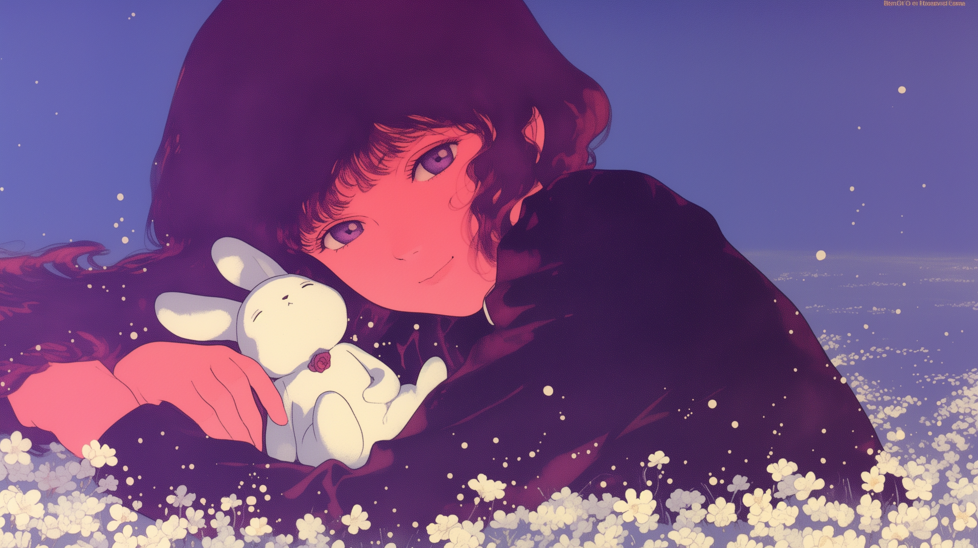 A retro anime girl with purple tones cuddles a plush bunny amid a field of flowers, creating a whimsical and serene HD wallpaper backdrop.