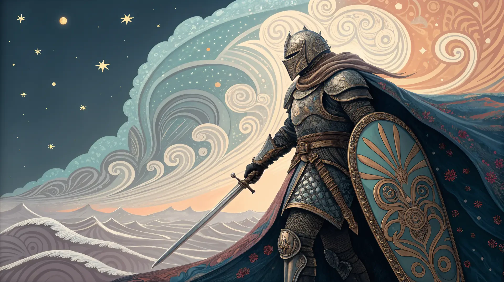 A medieval knight stands with sword drawn and shield at the ready, set against a beautifully illustrated sky of swirling clouds and stars in this 4K Ultra HD wallpaper.