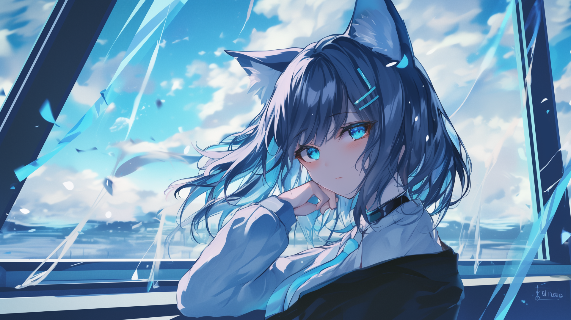 A vibrant HD PC desktop wallpaper featuring Shiroko Sunaookami from Blue Archive, showcasing her with striking blue eyes and cat ears against a bright, cloudy sky.