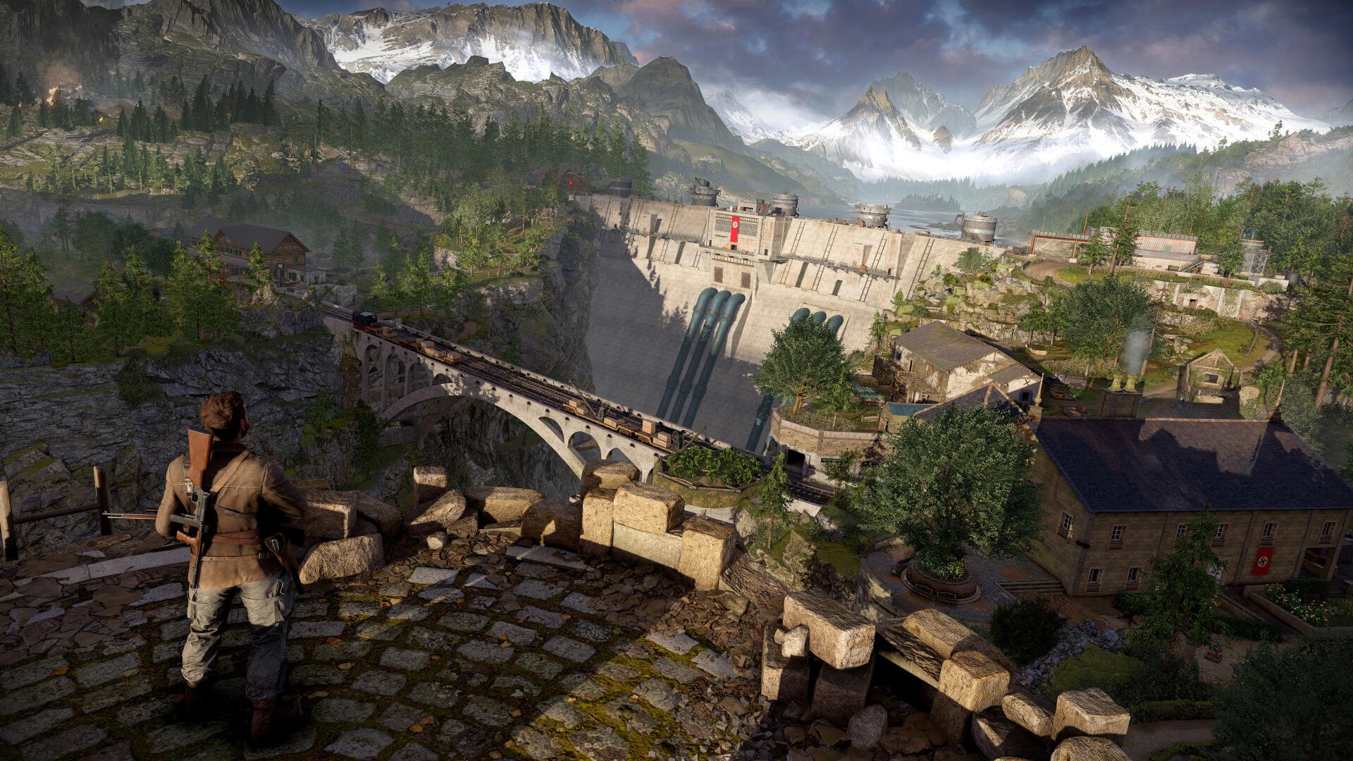 A scenic 4K Ultra HD wallpaper from Sniper Elite: Resistance, showcasing a soldier overlooking a dam surrounded by mountains and lush greenery under a dramatic sky.