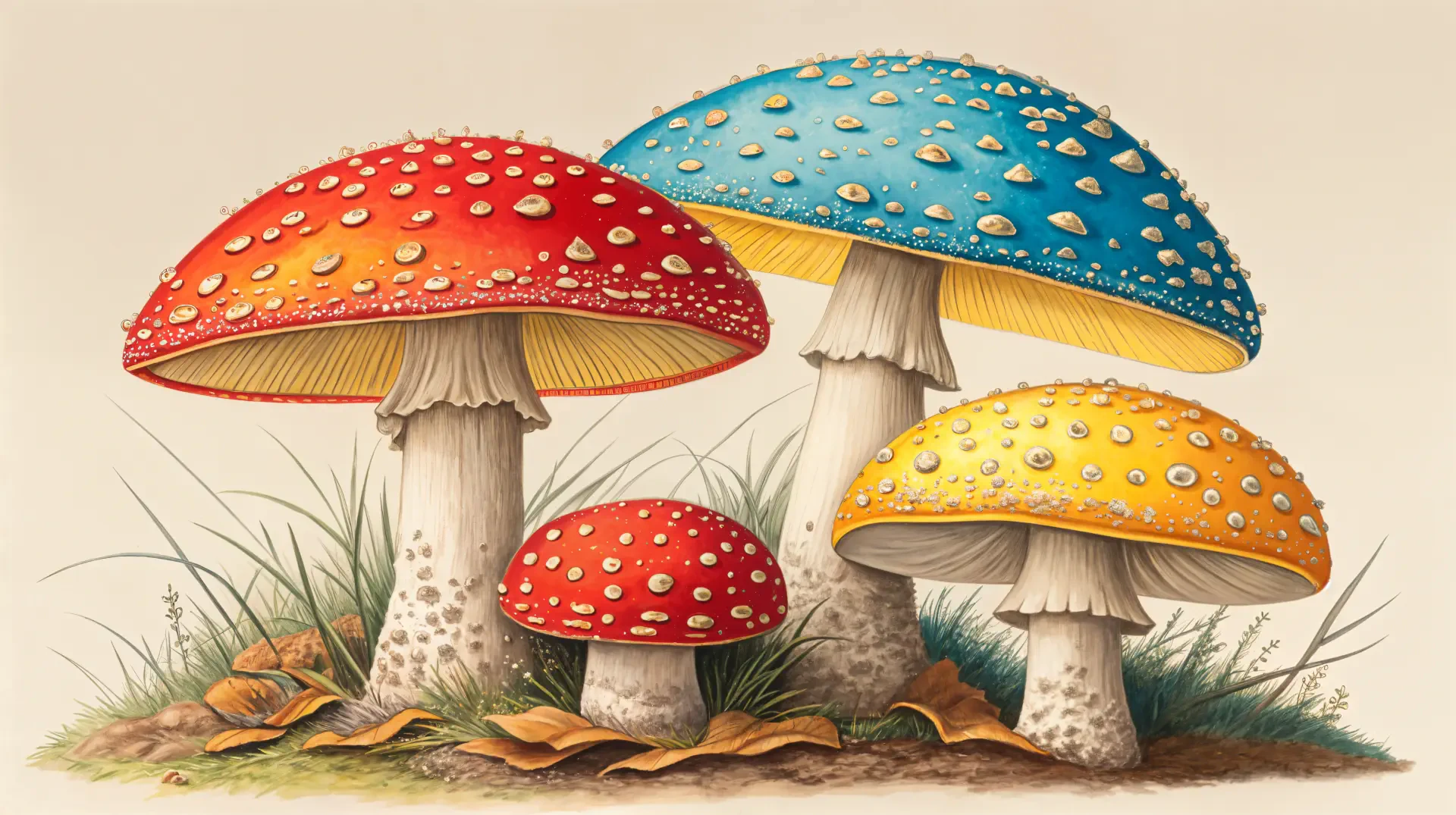 Vibrant illustration of colorful fungi, featuring red, blue, and yellow mushrooms with droplets, presented as a stunning 4K Ultra HD desktop wallpaper. 