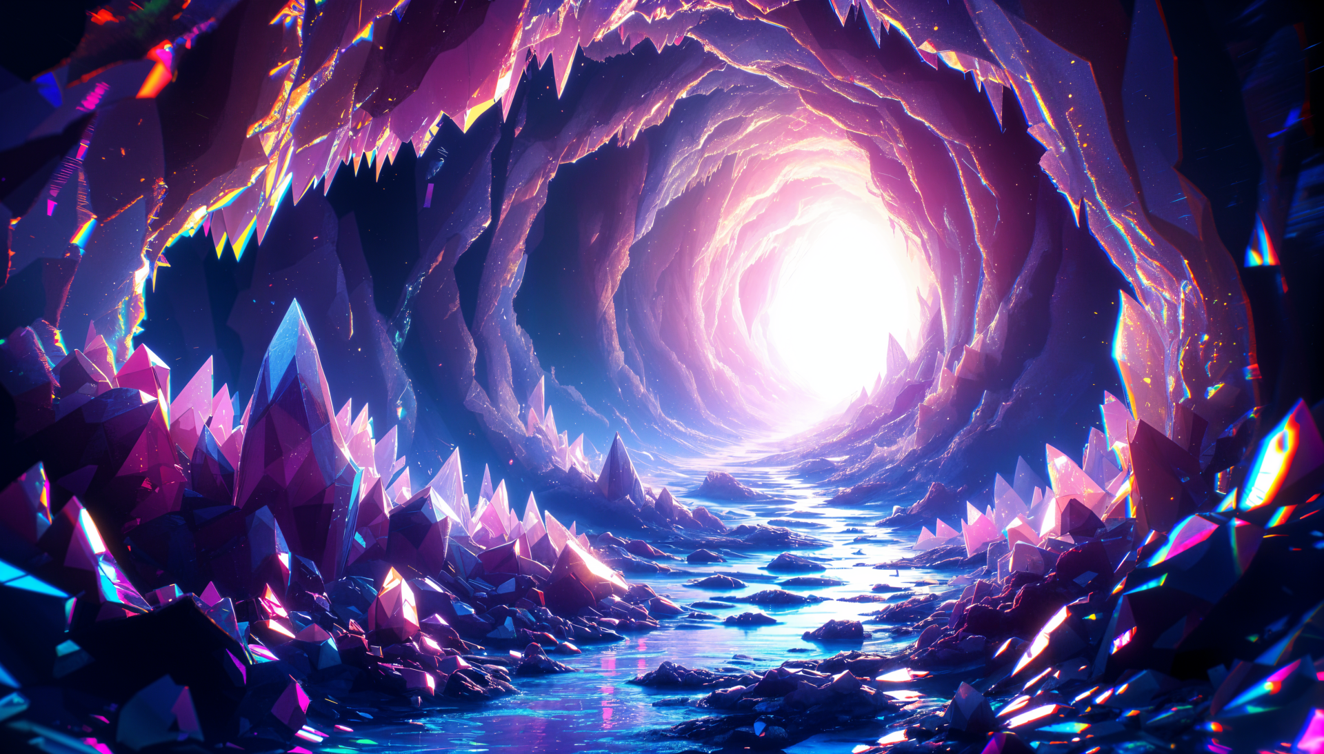 A stunning crystal cave features vibrant, shimmering crystals and a reflective water surface, illuminated by a glowing light at the center, presented in 4K Ultra HD quality.