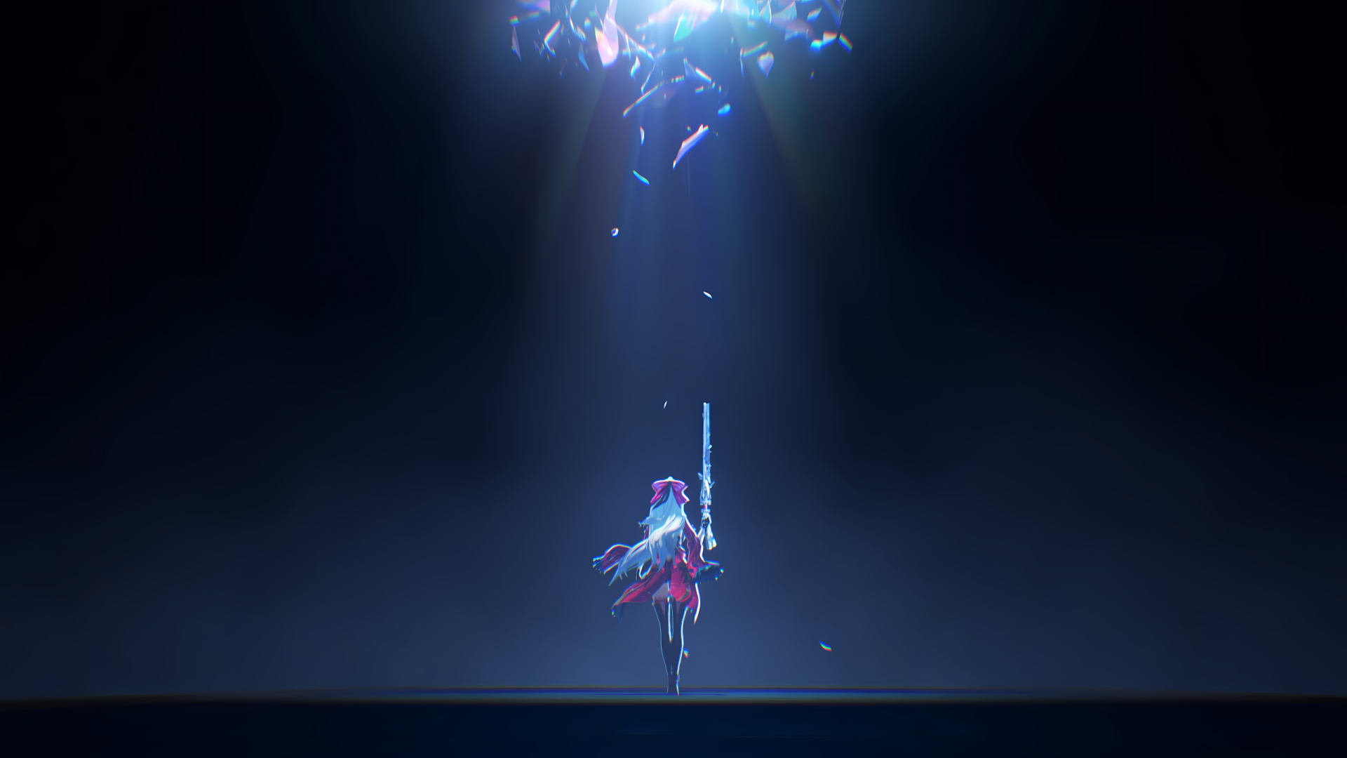 A captivating HD wallpaper featuring Carlotta from the video game Wuthering Waves, standing strong under a beam of light with a sword, surrounded by ethereal fragments.