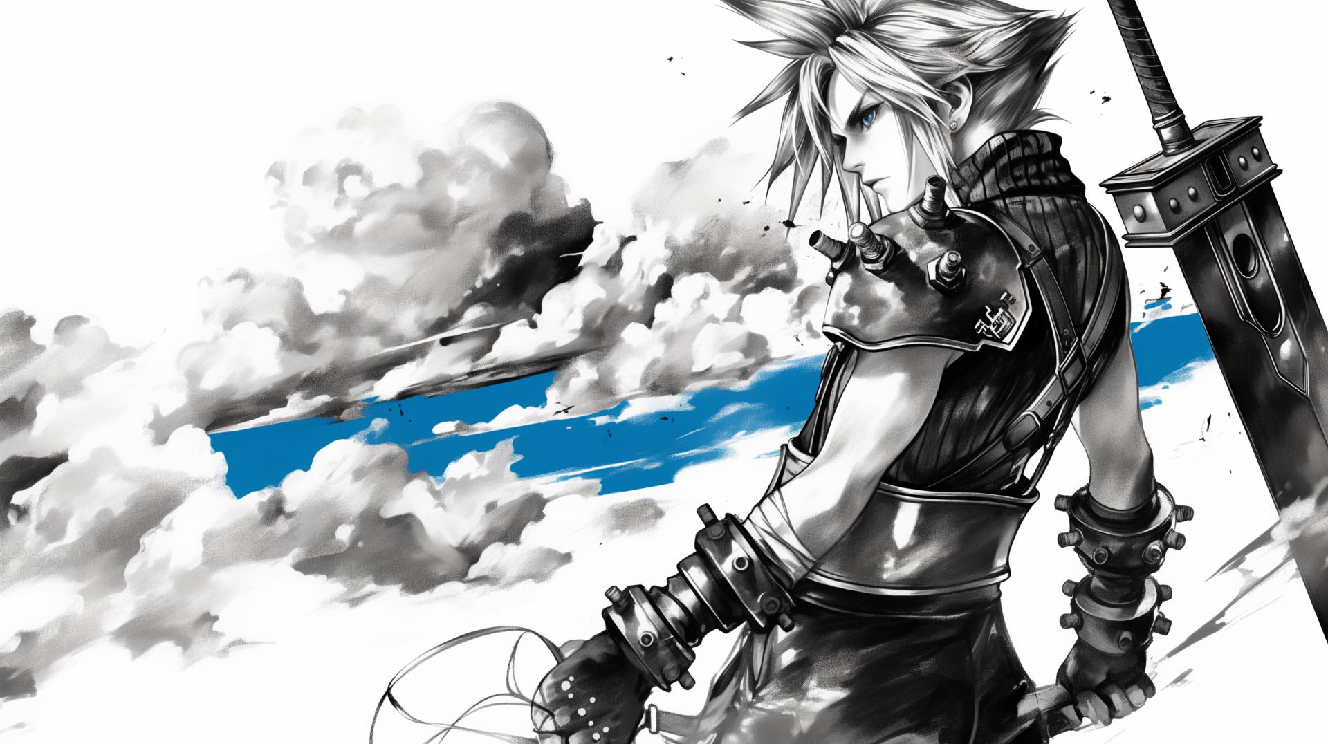 HD PC desktop wallpaper featuring Cloud Strife from the video game Final Fantasy, depicted in a dynamic grayscale with striking blue sky accents.