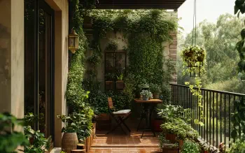 A serene balcony garden filled with lush greenery and vibrant plants, featuring a small table and chair, creating a tranquil atmosphere. 4K Ultra HD wallpaper and background.