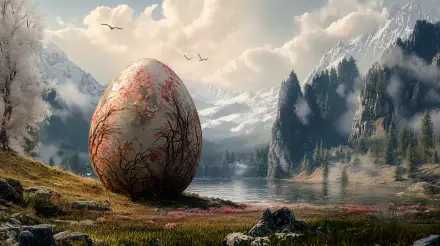 A large, ornate fantasy egg rests beside a serene lake, surrounded by mountains and blooming flowers, captured in stunning detail as a 4K Ultra HD desktop wallpaper.