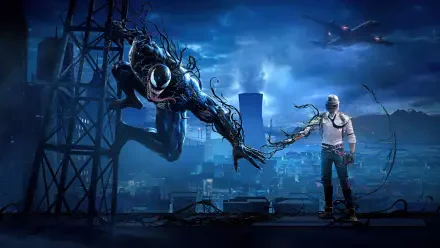 An 8K Ultra HD desktop wallpaper featuring Venom from Venom: The Last Dance and a character from Playerunknown's Battlegrounds against a dramatic urban backdrop.