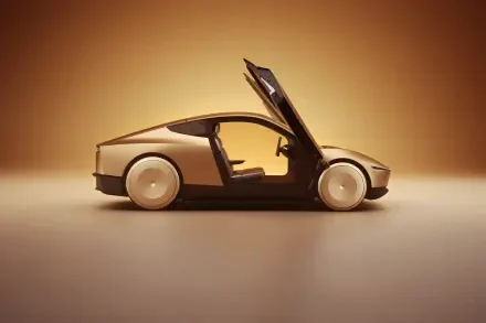 A sleek Tesla robotaxi, the Cybercab, showcased with an open door against a warm gradient background, emphasizes futuristic design in this 8K Ultra HD wallpaper.