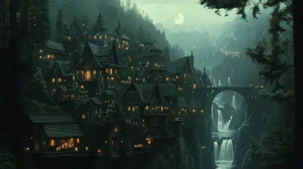 A mystical elven city nestled in a lush landscape, illuminated windows glow against the night, with a majestic waterfall cascading nearby. 4K Ultra HD wallpaper showcasing fantasy beauty.