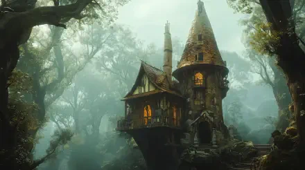 A mystical wizard tower rises in an enchanted forest, glowing warmly through fog and ancient trees in this 4K Ultra HD fantasy fairy tale wallpaper.