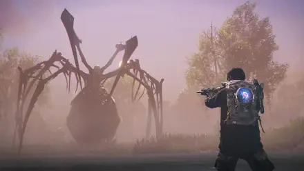 An intense scene from the video game Shadow Of The Damned: Hella Remastered, featuring a character facing a monstrous creature in a foggy, atmospheric environment.
