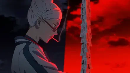 HD PC desktop wallpaper of Seiko Ayase from Dandadan in anime style — side profile with glasses and cigarette against a dramatic red sky and a towering column of poles.