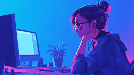 A woman programmer sits at a desk, focused on her computer screen, with headphones on. The scene is illuminated in vibrant blue and purple hues, creating a tech-inspired ambiance.
