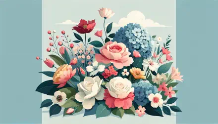 Aesthetic floral arrangement featuring colorful roses, hydrangeas, and various blossoms against a light blue background, designed as a 4K Ultra HD desktop wallpaper.