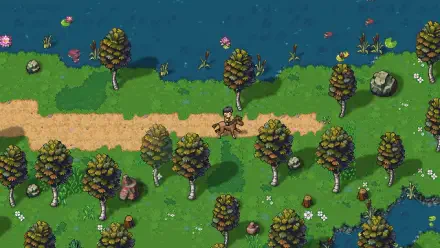 A vibrant scene from the video game Streets of Rogue 2, featuring a character navigating a woodland path surrounded by lush trees and serene water. HD PC desktop wallpaper.