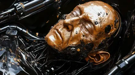 A sci-fi themed close-up of a metallic, golden-faced man in a futuristic setting, embodying the essence of a dying god emperor. 4K Ultra HD quality wallpaper.