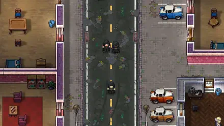 A top-down view of a city street from Streets of Rogue 2, featuring characters on a cracked road with vintage cars parked along the sides, all rendered in vibrant HD graphics.
