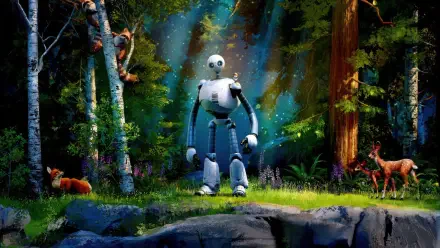 A scenic 4K Ultra HD image featuring a robot standing in a vibrant forest, surrounded by wildlife, inspired by the movie The Wild Robot. Light beams filter through the trees.