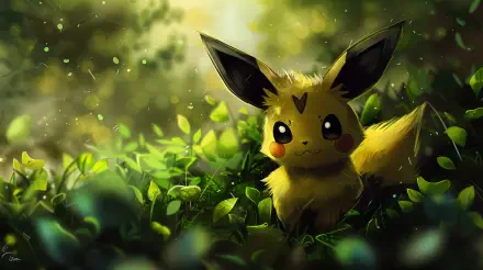 A vibrant Pichu from Pokémon nestled among lush greenery, illuminated by soft light, creating a captivating 4K Ultra HD desktop wallpaper.