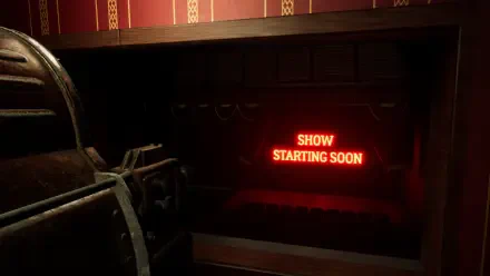 HD wallpaper from the video game Massacre At The Mirage, featuring a dimly lit stage with a red neon sign reading SHOW STARTING SOON.