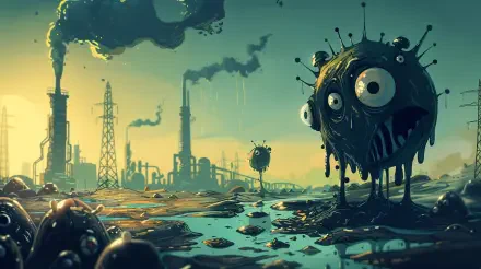 A whimsical creature emerges from a polluted landscape, with factories spewing smoke in the background, set against a vibrant sky. This 4K Ultra HD wallpaper captures a surreal environmental commentary.