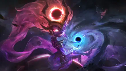Zoe from League of Legends manipulates cosmic powers amidst vibrant black holes in this stunning 8K Ultra HD wallpaper, capturing the magic of the game’s universe.