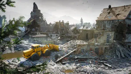 A detailed HD wallpaper from the video game RoadCraft, showcasing a yellow construction vehicle amidst a backdrop of a crumbled, desolate urban landscape.