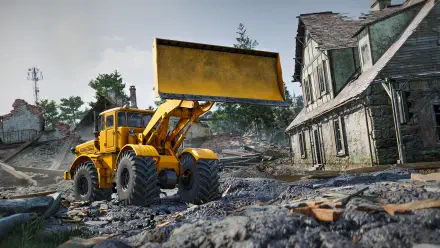 A vibrant HD PC desktop wallpaper featuring a yellow construction vehicle in a rugged landscape, showcasing a scene from the video game RoadCraft.