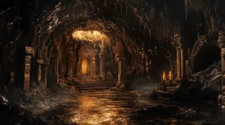 A breathtaking view of a dwarven underground city, showcasing intricate stone architecture and glowing reflections on water, all captured in stunning 4K Ultra HD detail.