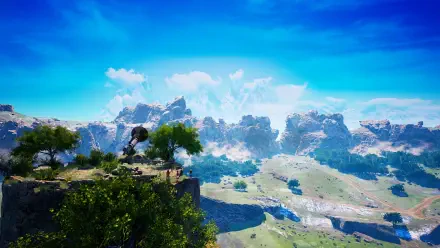 A stunning HD wallpaper showcasing the expansive landscapes of the video game Albatroz, featuring vibrant skies and majestic mountains under a bright blue atmosphere.