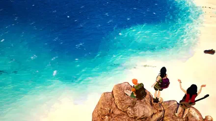 A vibrant HD wallpaper from the video game Albatroz, featuring three characters atop a rocky outcrop overlooking a picturesque blue ocean and serene sandy beach.