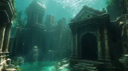 An enchanting underwater scene featuring ancient ruins, softly illuminated by sunlight filtering through the water, creating a captivating fantasy atmosphere. 4K Ultra HD quality enhances the detail.