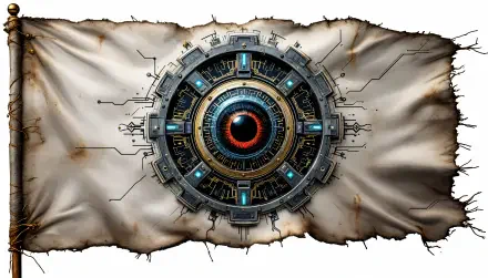 Abstract 4K Ultra HD PC desktop wallpaper featuring a futuristic eye design at the center, surrounded by metallic elements and intricate circuitry on a textured background.
