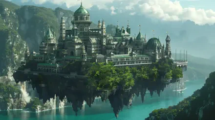 A stunning floating cityscape set against dramatic mountains, this 4K Ultra HD wallpaper showcases intricate architecture and lush greenery, reflecting beautifully on the tranquil waters below.