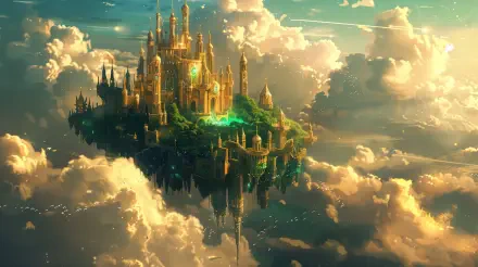 A stunning floating city, featuring grand architecture and lush greenery, hovers amidst fluffy clouds, captured in vibrant 4K Ultra HD for a captivating desktop wallpaper.