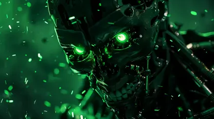 A close-up of a robot with glowing green eyes amidst a backdrop of digital debris, embodying the theme of an AI uprising in this vivid 4K Ultra HD wallpaper.