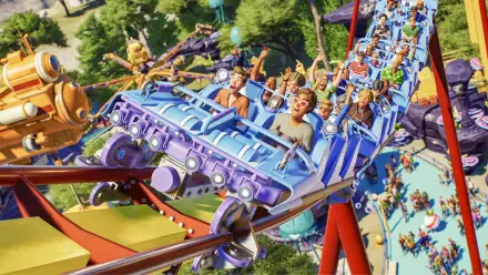HD PC desktop wallpaper featuring a thrilling roller coaster ride from the video game Planet Coaster 2, capturing excited riders in vibrant, detailed animation.