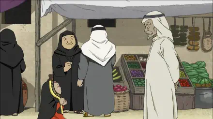 A vibrant anime scene from Future Folktales, featuring a bustling market with characters in traditional attire engaging with each other amidst colorful produce displays.