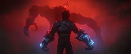 A dramatic HD wallpaper featuring VI from the TV show Arcane, standing confidently with glowing gauntlets, facing a menacing shadowy figure against a vivid red backdrop.