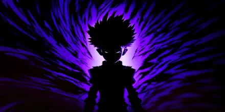 A dark anime-inspired silhouette against a vibrant purple backdrop, embodying a striking blend of mystery and intensity, perfect as a HD desktop wallpaper for fans of phonk culture.