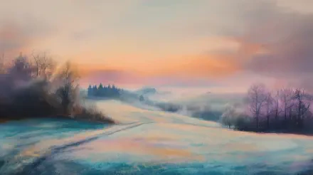 A serene landscape painted in soft pastels, featuring a vast field and distant trees under a softly hued sky at dawn. This 4K Ultra HD wallpaper captures tranquil beauty.