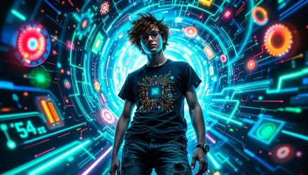 A young person with tousled hair stands confidently in a vibrant, futuristic digital landscape, wearing a tech-themed T-shirt. This 4K Ultra HD wallpaper captures a geek-inspired aesthetic.