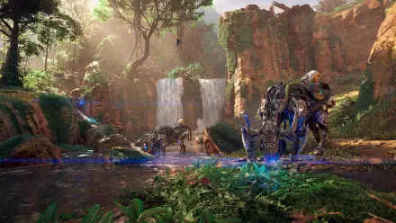 A stunning HD wallpaper from Horizon Zero Dawn, featuring robotic creatures exploring a lush, vibrant landscape with a waterfall in the background, capturing the game's adventurous essence.