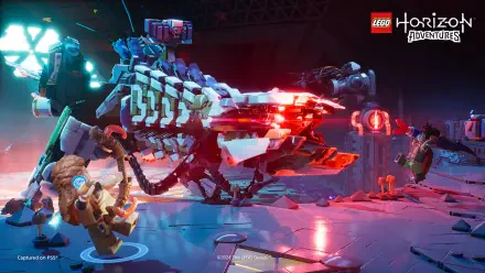 A vibrant HD PC wallpaper from Lego Horizon Adventures, featuring dynamic scenes with colorful characters battling a robotic creature in a futuristic setting.
