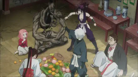 A scene from Hell's Paradise featuring Gabimaru and others in a dynamic moment. The characters interact around a spread of colorful fruits in a rustic setting.
