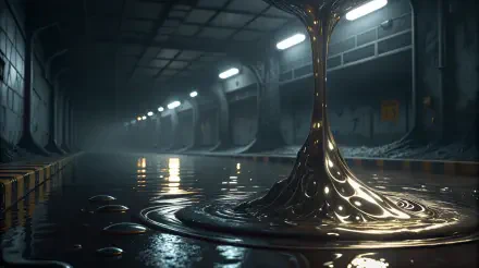 A captivating 4K Ultra HD desktop wallpaper showcasing a metallic liquid forming intricate patterns in a dimly lit industrial space, with reflections on the glossy surface.