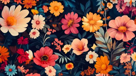 A vibrant floral pattern featuring a variety of colorful flowers against a dark background, designed as a 4K Ultra HD PC desktop wallpaper and background.